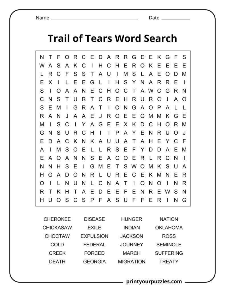 Medium-difficulty Trail of Tears word search puzzle with a clear grid featuring terms about tribes, removal, and migration.
