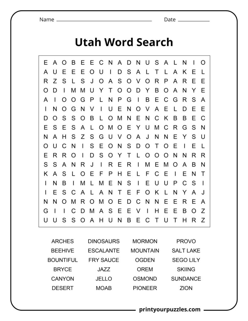 Medium Utah word search including places, foods, and symbols such as Salt Lake, Bryce, Moab, Desert, and Sundance.
