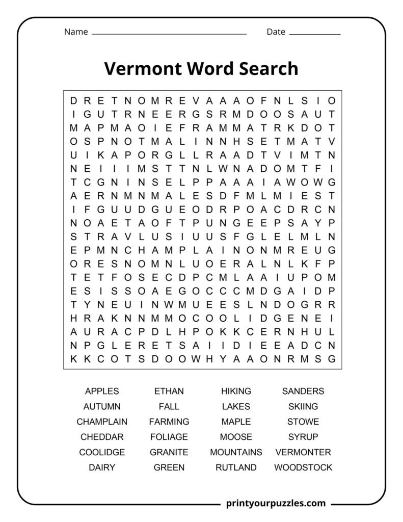 Challenging Vermont-themed word search featuring terms like maple, foliage, Champlain, mountains, and Woodstock.