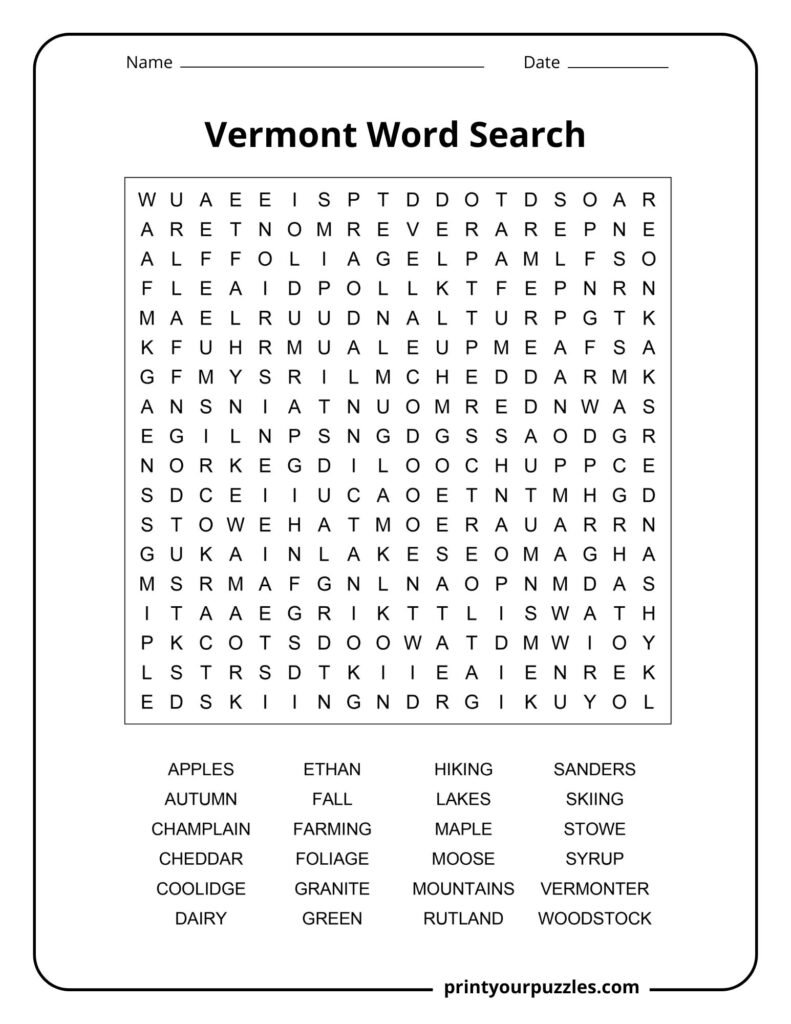 Medium-level Vermont word search featuring state-related terms like apples, fall, lakes, maple, cheddar, and hiking.