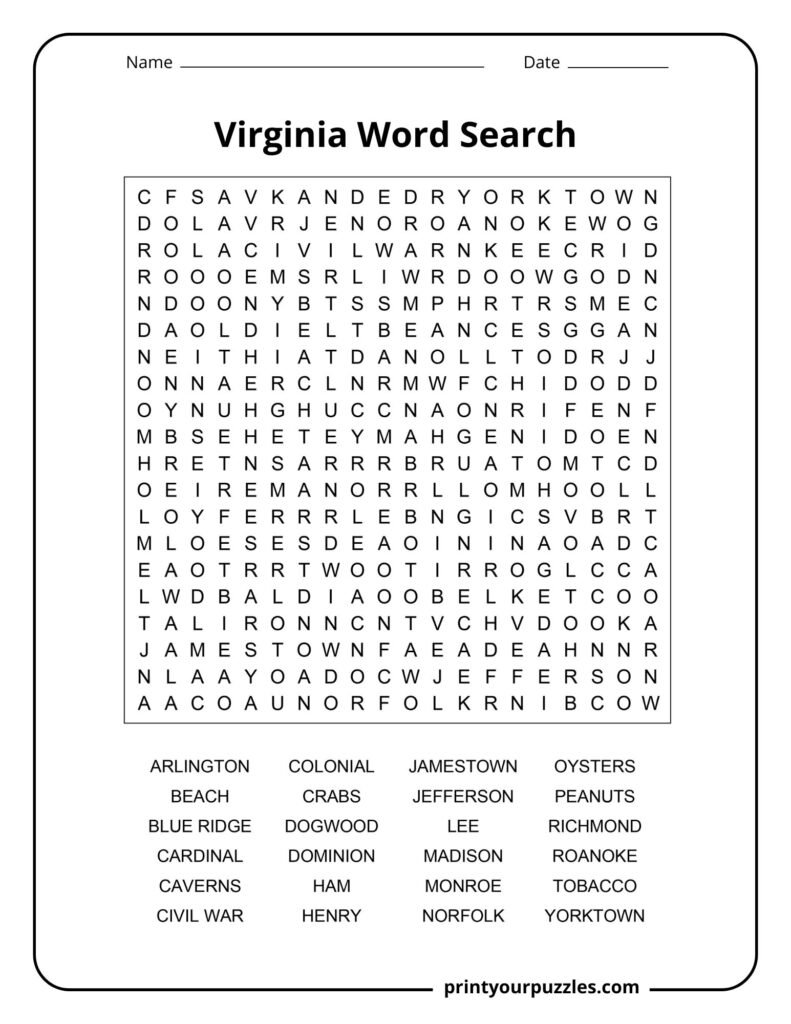 Challenging Virginia-themed word search featuring terms like Jamestown, Blue Ridge, Jefferson, Richmond, and Yorktown.