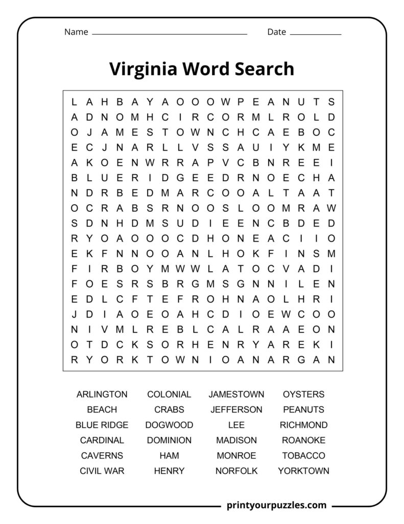 Medium-level Virginia word search featuring state-related terms such as Jamestown, peanuts, Blue Ridge, and Norfolk.