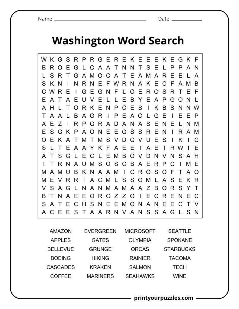Challenging Washington-themed word search puzzle featuring Seattle culture, nature, tech companies, sports teams, and landmarks.