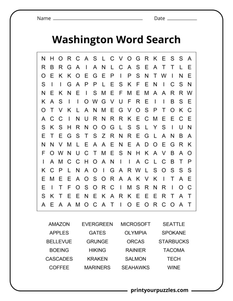 Medium-level Washington word search puzzle featuring Seattle culture, outdoor themes, technology brands, and regional icons.