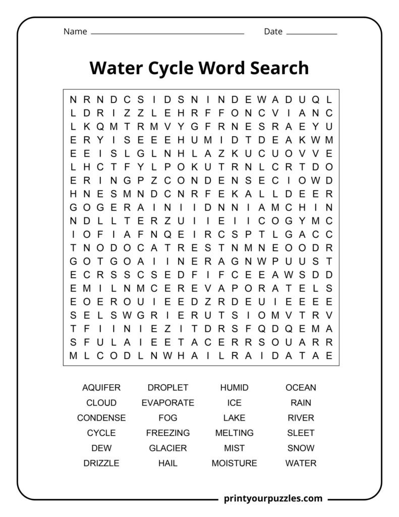 Challenging water cycle word search puzzle featuring evaporation, condensation, precipitation, and weather terms.