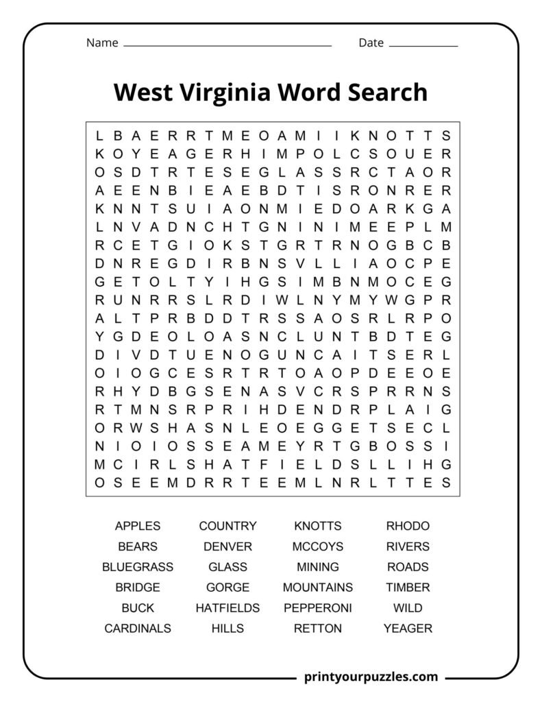 Challenging West Virginia word search puzzle featuring state landmarks, foods, nature terms, and cultural references.