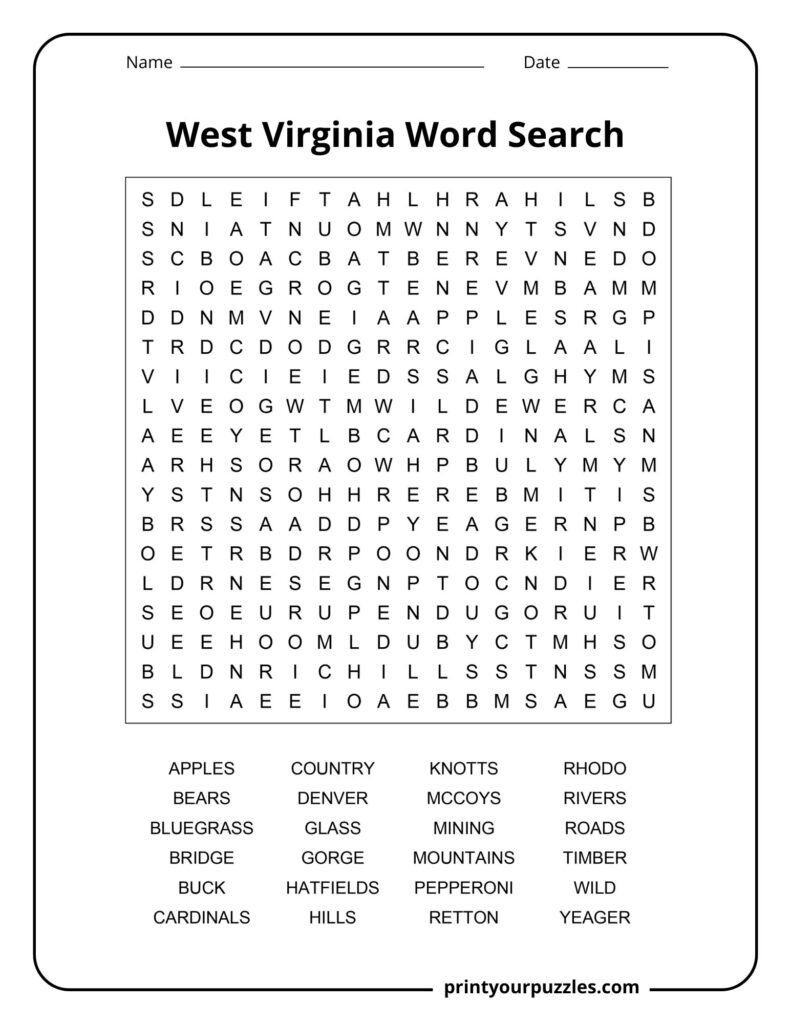 Medium-difficulty West Virginia word search puzzle featuring state foods, geography, wildlife, and cultural keywords.