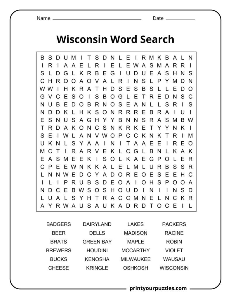 Challenging Wisconsin word search puzzle with a dense letter grid and terms like Milwaukee, Green Bay, and cheese.