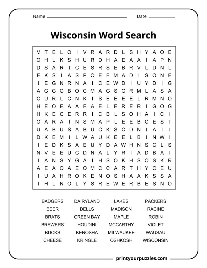 Medium-difficulty Wisconsin word search with a clear grid and vocabulary like Badgers, Kringle, Milwaukee, and Oshkosh.