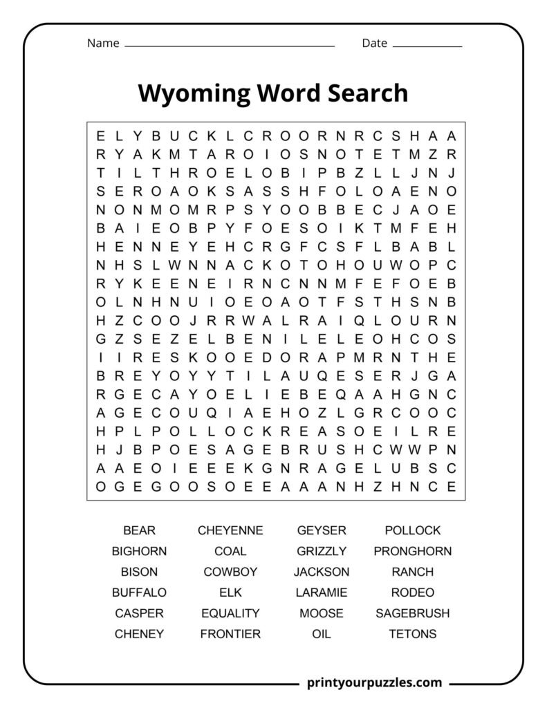 Challenging Wyoming word search puzzle with dense letters and state-themed terms like Cheyenne, bison, elk, and geyser.