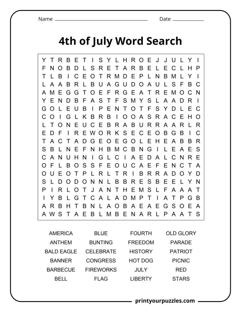 A challenging 4th of July word search puzzle featuring patriotic terms with a grid full of hidden holiday-related words.