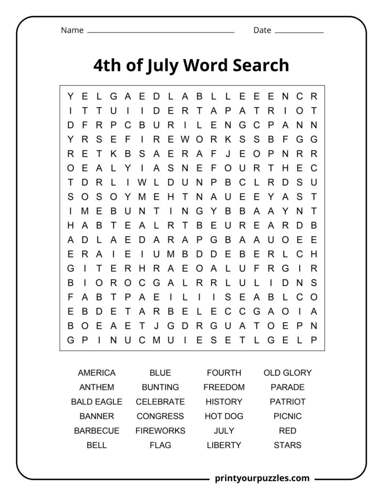 A medium-difficulty 4th of July word search puzzle featuring patriotic words related to Independence Day celebrations.