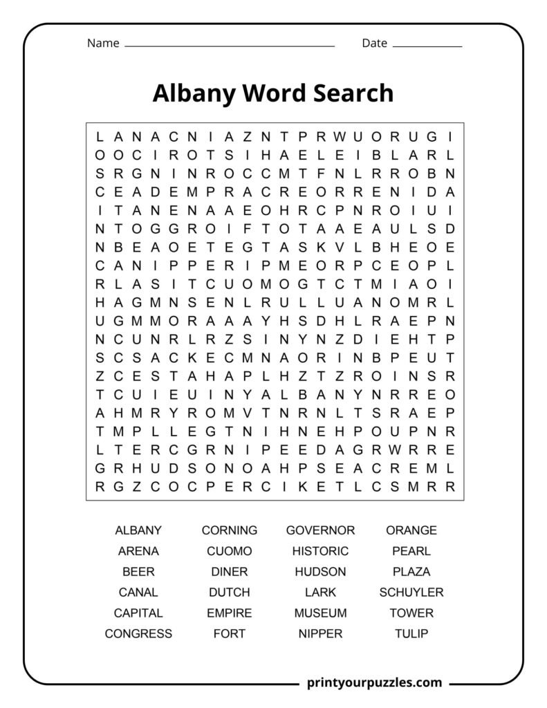 Challenging Albany word search featuring New York history, landmarks, politics, neighborhoods, and cultural terms.