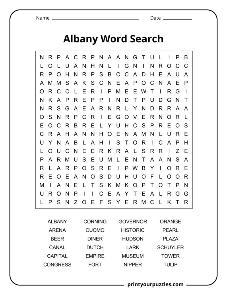 Medium Albany word search featuring New York-themed vocabulary about history, landmarks, culture, and local districts.