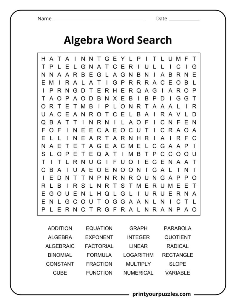 Algebra word search puzzle with a large grid of letters and a list of algebra-related terms such as equation, graph, and variable.