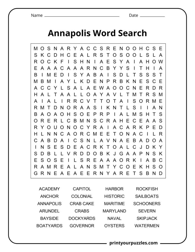 Annapolis-themed hard word search puzzle featuring maritime and historical terms with a 20-word list below.