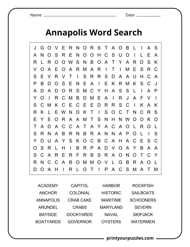 Medium-difficulty Annapolis word search puzzle featuring coastal, maritime, and local Annapolis-themed vocabulary.