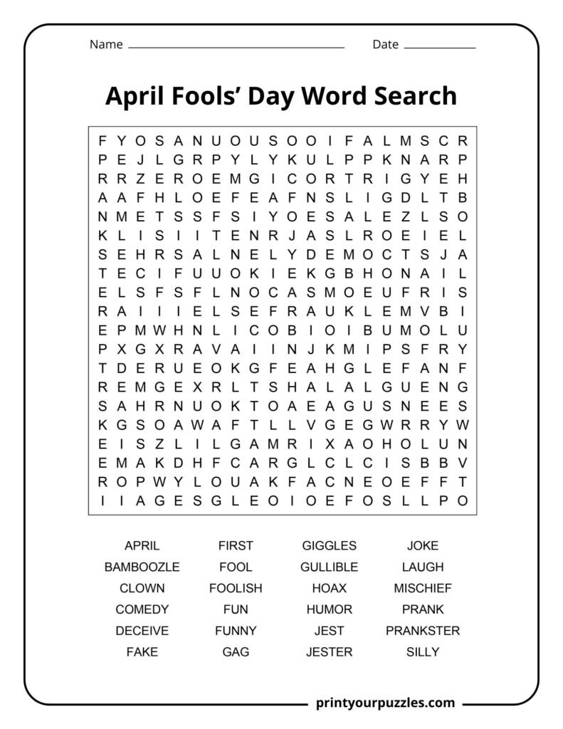 A challenging April Fools’ Day word search puzzle packed with humor-themed words hidden in a dense letter grid.