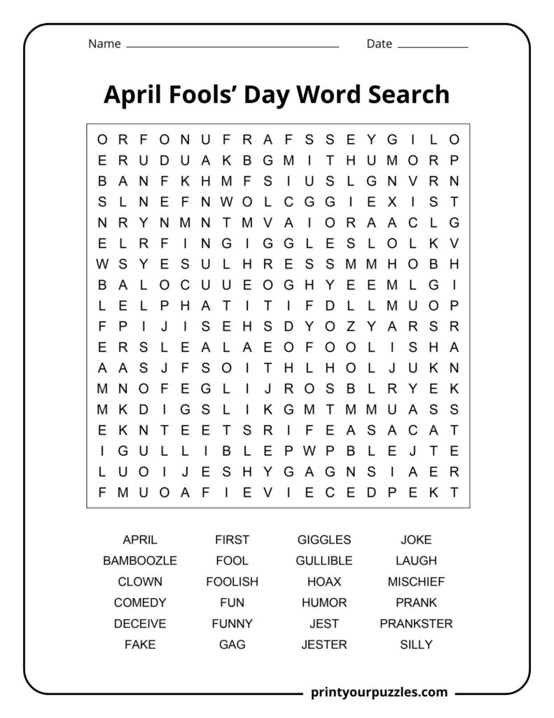A medium-difficulty April Fools’ Day word search featuring joke and prank-related words in a clear letter grid.