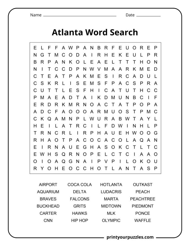 Atlanta Word Search medium puzzle with city landmarks, sports, and cultural terms.
