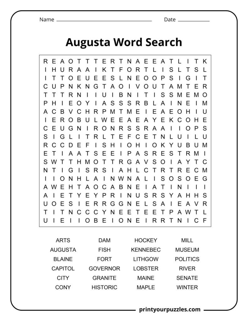 Challenging Augusta word search puzzle featuring Maine landmarks, politics, and regional terms in a dense grid.