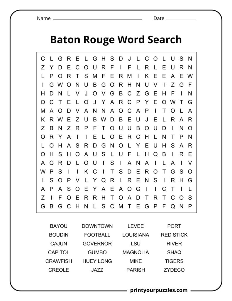 Medium Baton Rouge word search puzzle featuring Louisiana food, music, geography, and cultural vocabulary.