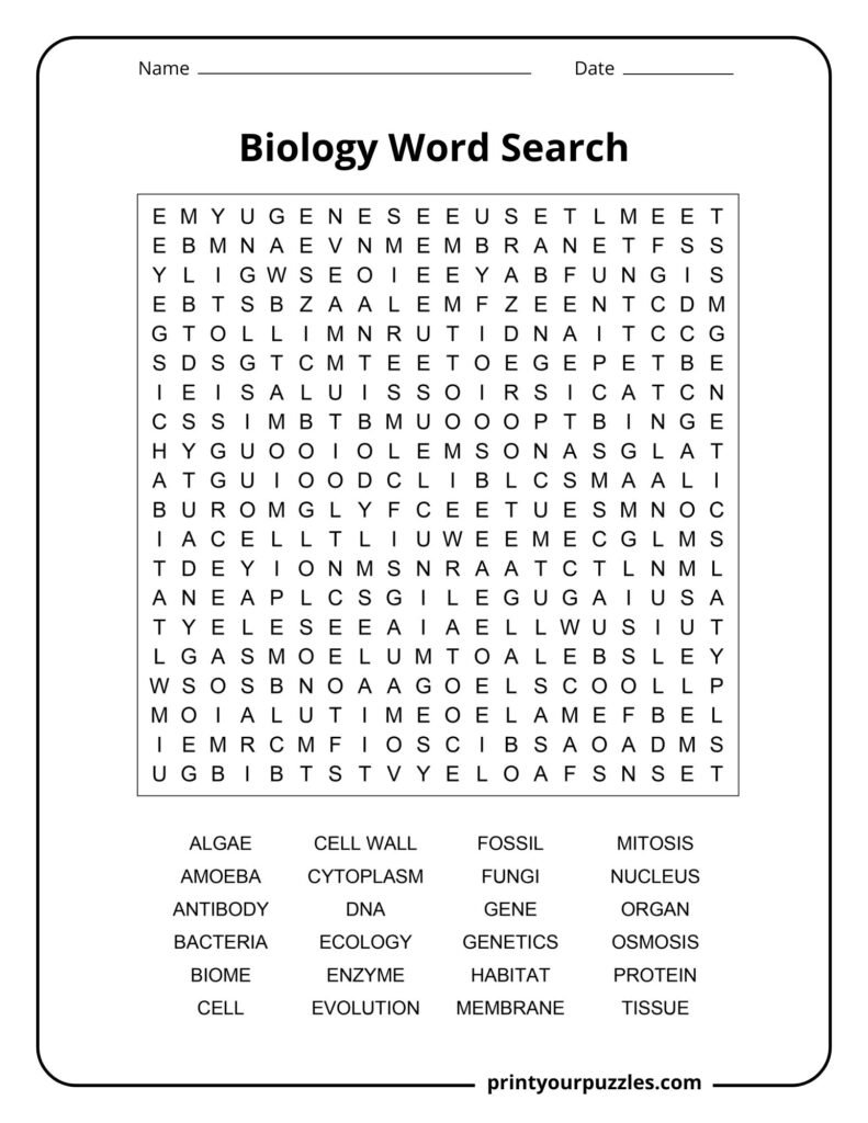 Biology word search puzzle with a dense letter grid and vocabulary list including cell wall, genetics, ecology, and mitosis.