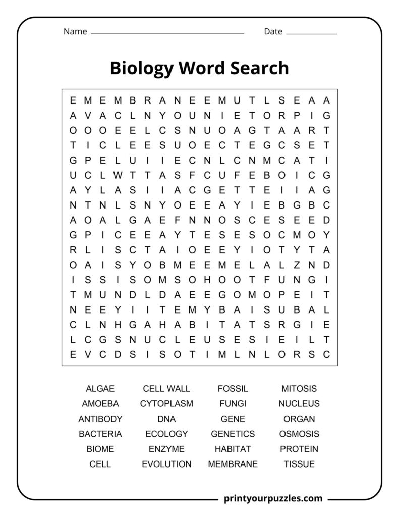 Medium-difficulty biology word search puzzle with a letter grid and terms like cytoplasm, habitat, protein, and osmosis.