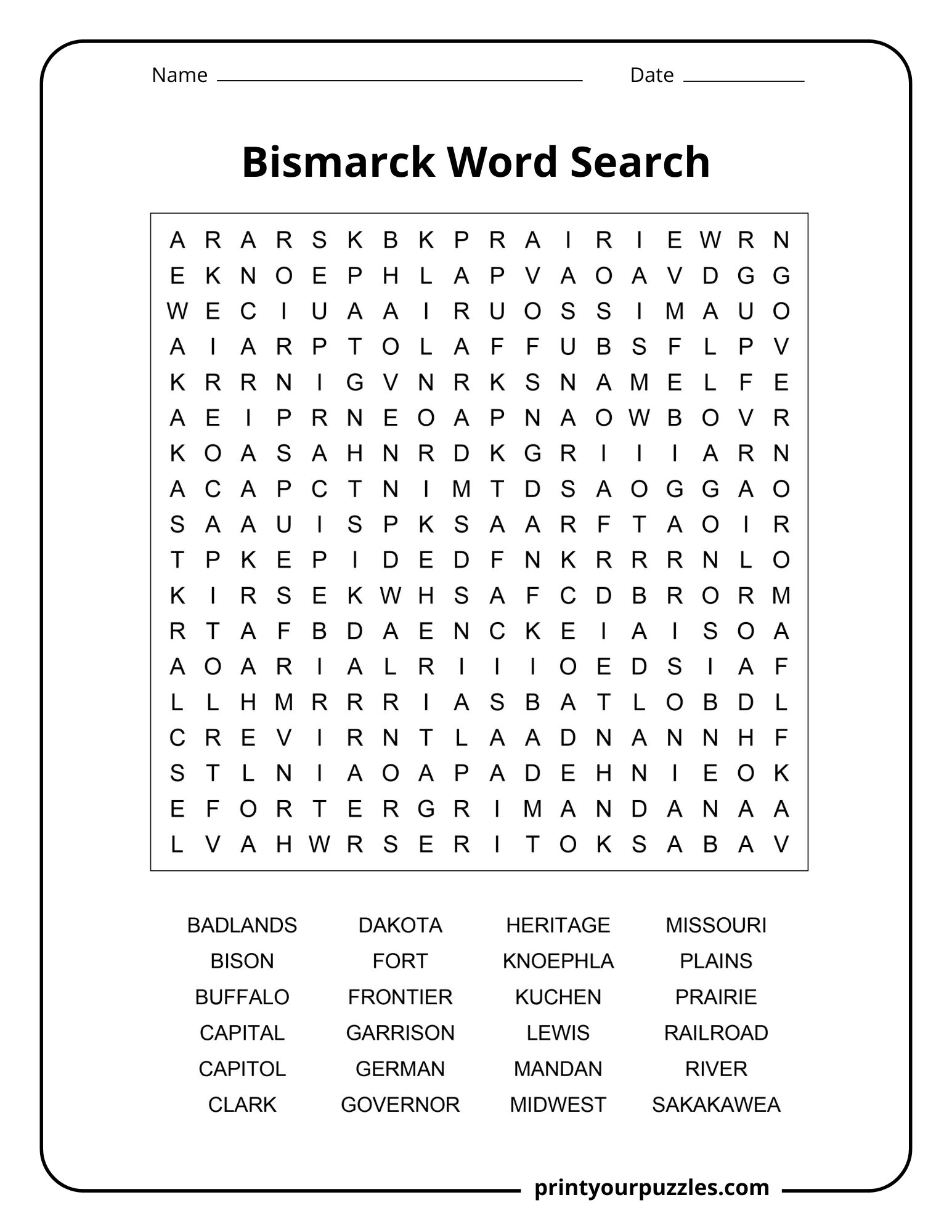 Medium Bismarck word search featuring North Dakota-themed vocabulary about history, culture, geography, and heritage.