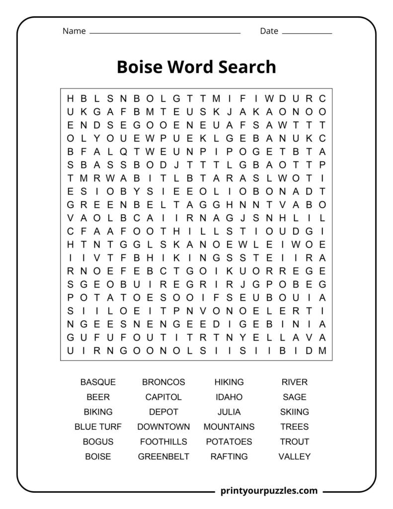 Boise Word Search hard puzzle with 20x20 grid and Idaho-themed vocabulary list.