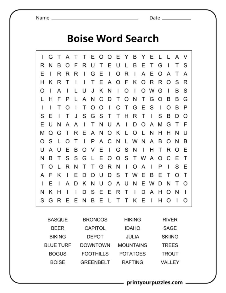 Boise Word Search medium puzzle with Idaho landmarks and outdoor-themed words.