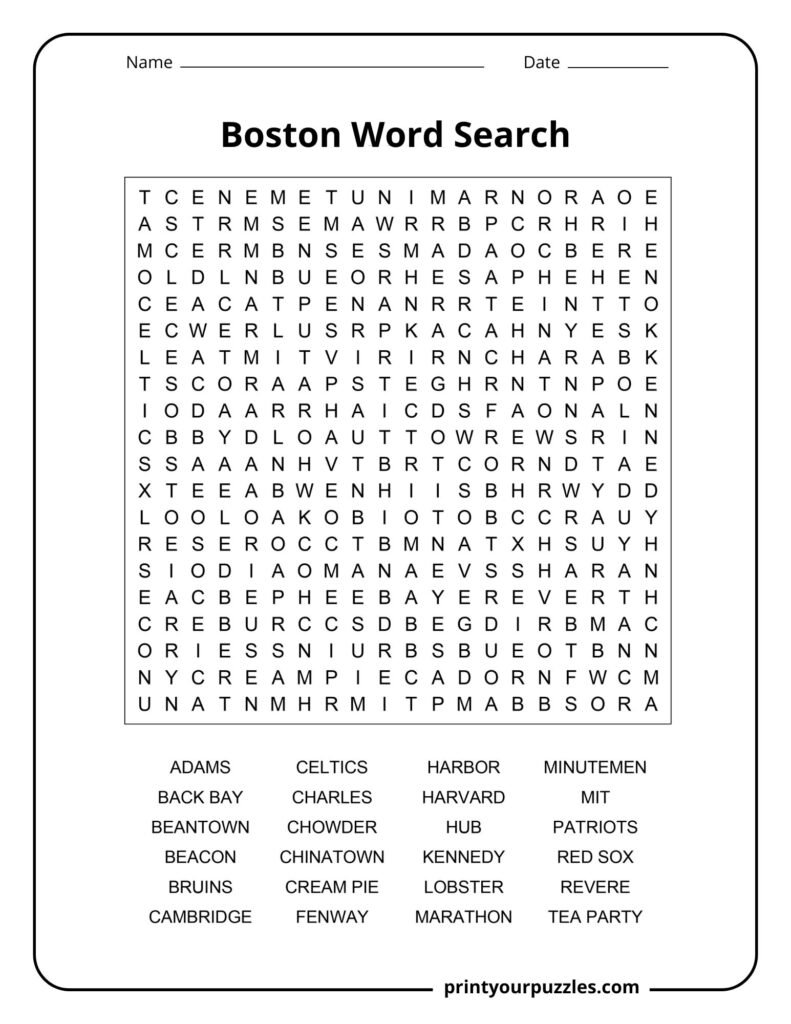 Challenging Boston word search featuring historical landmarks, sports teams, neighborhoods, and iconic city terms.