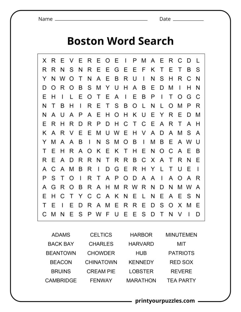 Medium Boston word search puzzle featuring city landmarks, sports teams, historic sites, and cultural vocabulary.