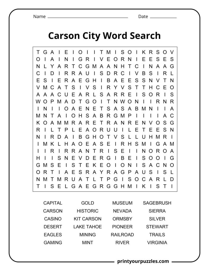 Challenging Carson City word search featuring Nevada history, mining, desert culture, landmarks, and pioneer themes.