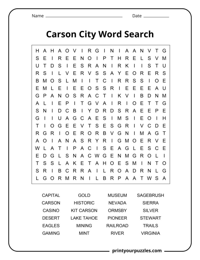 Medium Carson City word search featuring Nevada-themed vocabulary including mining, landmarks, pioneers, and desert nature.