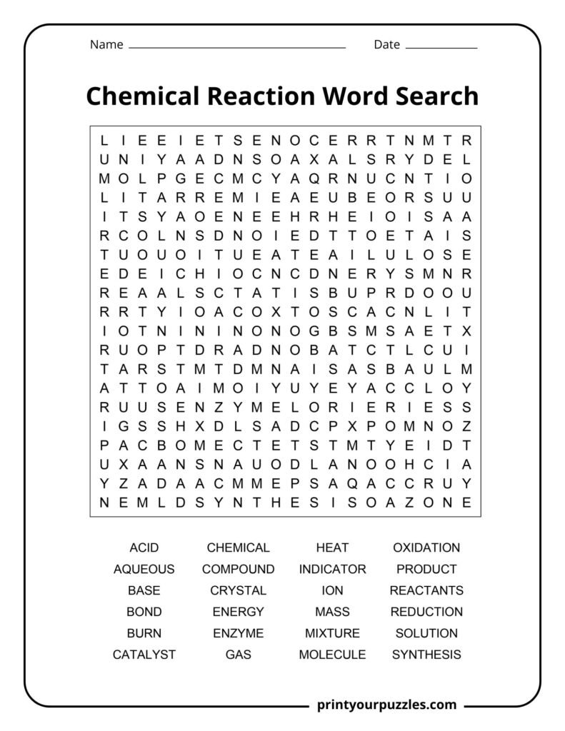 Hard chemical reaction word search puzzle with large letter grid and science vocabulary list.
