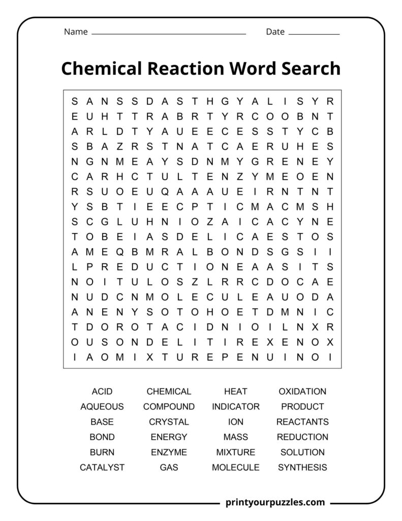 Medium chemical reaction word search puzzle with chemistry vocabulary and printable grid.