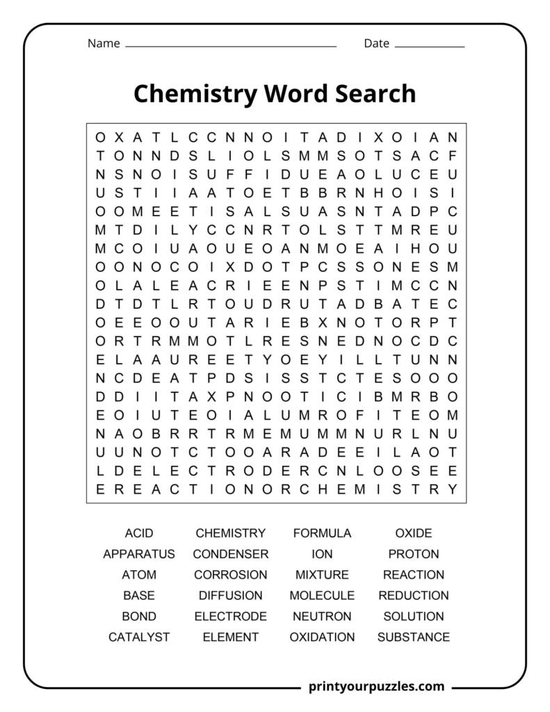 Chemistry word search puzzle with a dense grid of letters and vocabulary terms such as atom, molecule, catalyst, and oxidation.