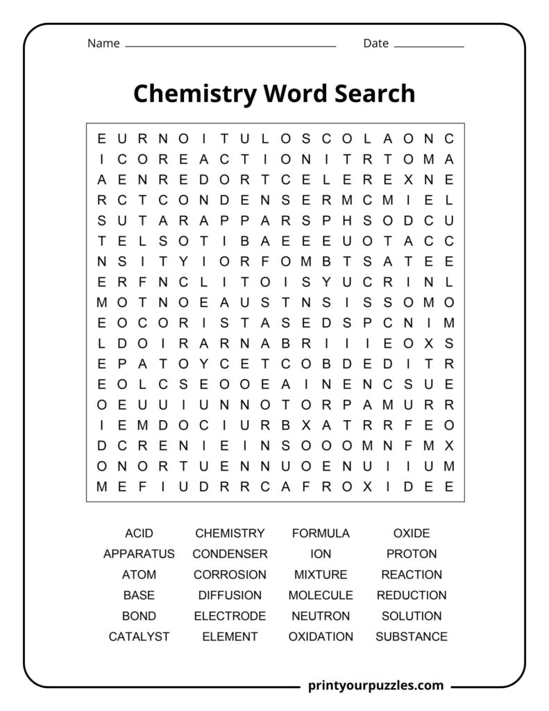 Medium-level chemistry word search puzzle with a clear grid and terms including atom, reaction, ion, solution, and reduction.