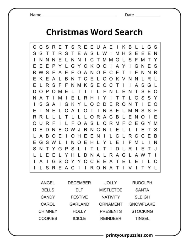 Christmas word search puzzle with a large grid of hidden holiday terms and a word list featuring festive Christmas themes.
