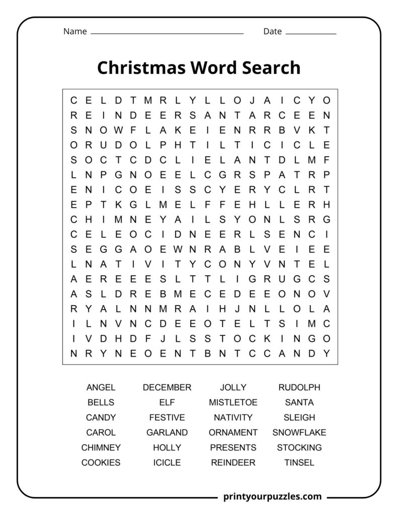 Medium-difficulty Christmas word search with a clear grid layout and a list of classic holiday words to locate and enjoy.
