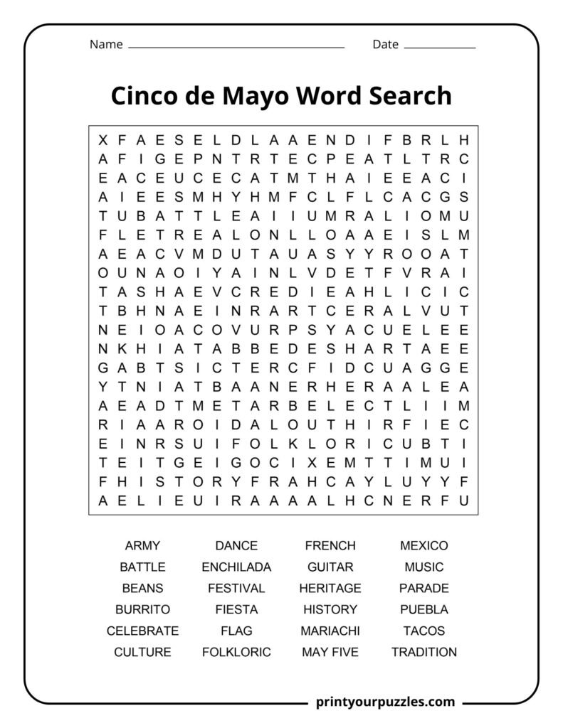 A challenging Cinco de Mayo word search puzzle featuring cultural, historical, and festive terms in a dense grid.