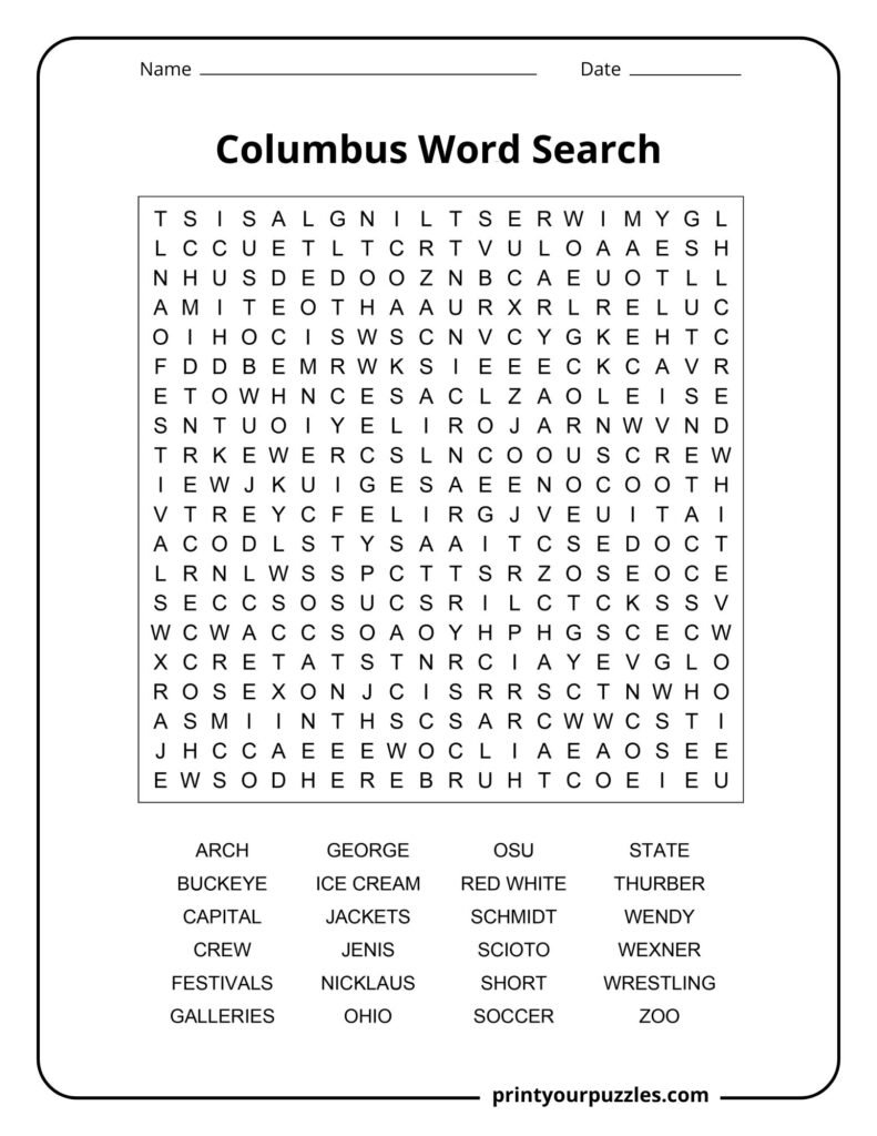 Challenging Columbus word search puzzle featuring Ohio-themed terms like Buckeye, OSU, Scioto, galleries, and festivals.