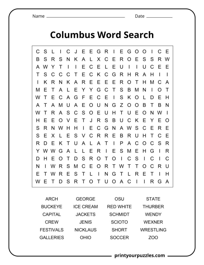 Medium-difficulty Columbus word search with Ohio-related terms including OSU, Buckeye, Scioto, Nicklaus, festivals, and more.