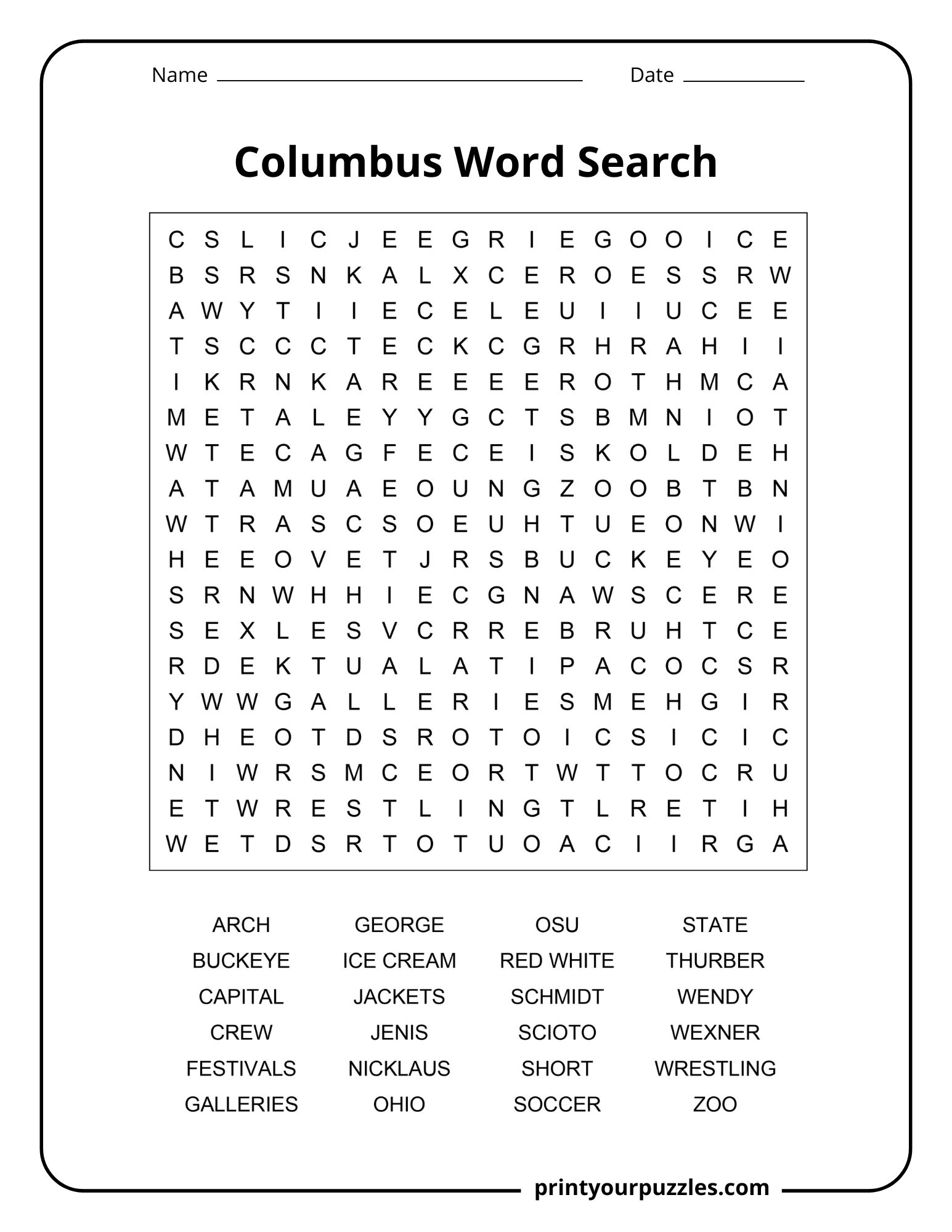 Medium-difficulty Columbus word search with Ohio-related terms including OSU, Buckeye, Scioto, Nicklaus, festivals, and more.