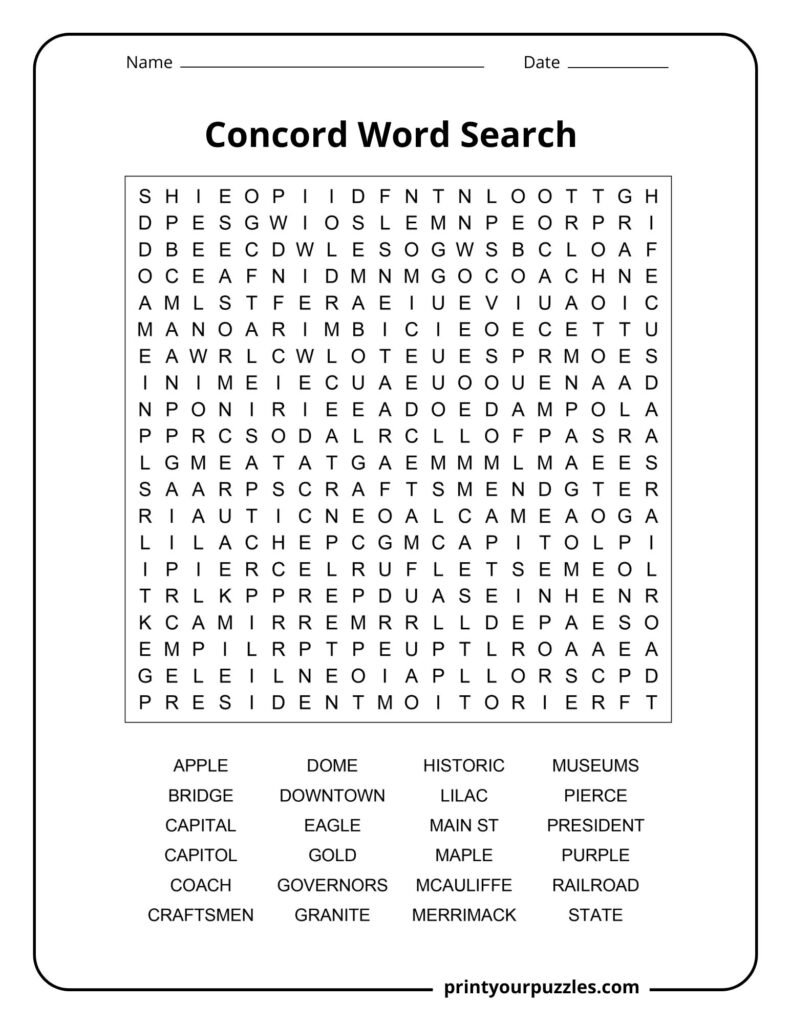 Challenging Concord word search featuring New Hampshire history, landmarks, government, crafts, and cultural themes.