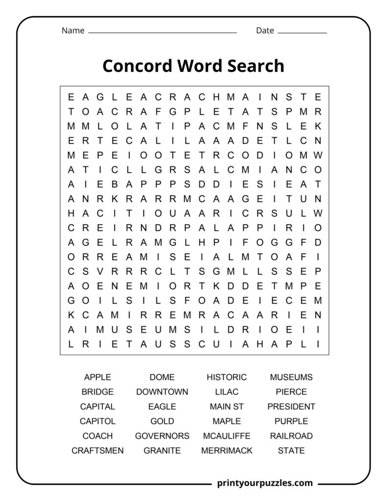 Medium Concord word search featuring New Hampshire-themed vocabulary about landmarks, history, crafts, and government.