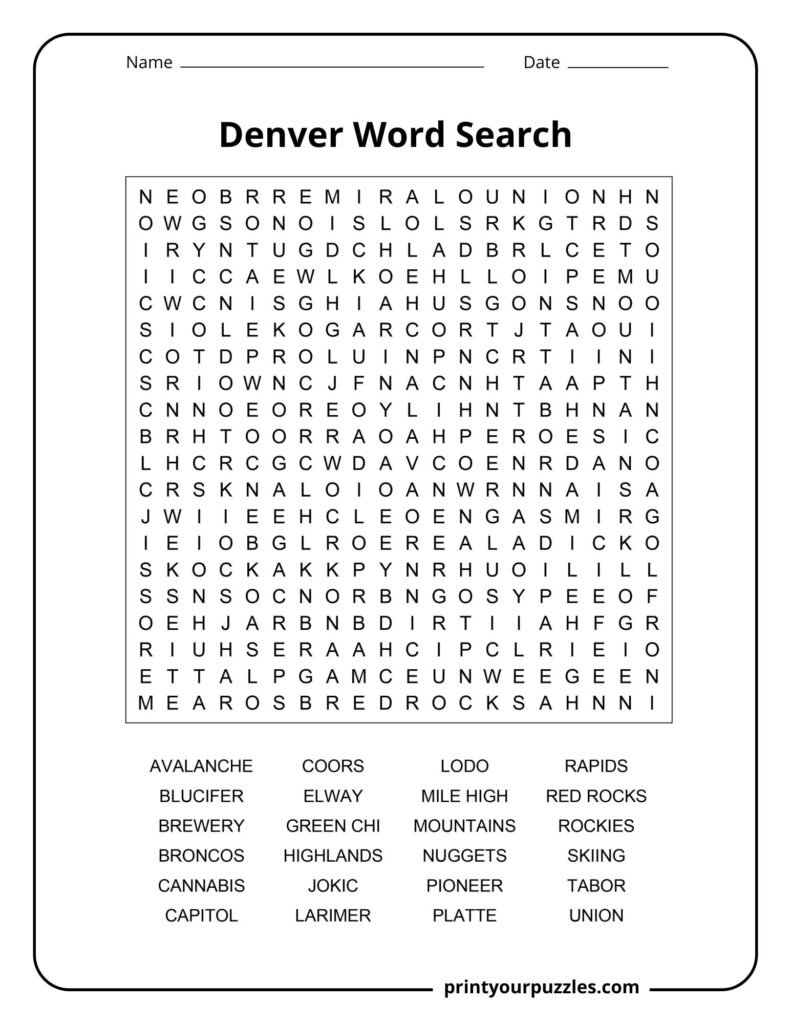 Hard Denver word search puzzle with city landmarks, teams, and cultural terms in a large letter grid.