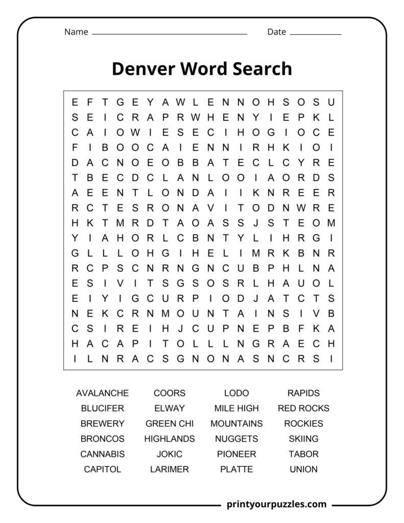 Medium difficulty Denver word search puzzle with local attractions, teams, and mountain themes.
