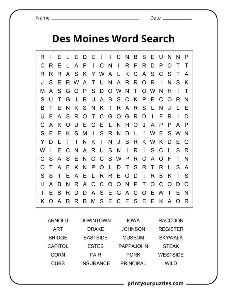 Medium-difficulty Des Moines word search featuring a balanced grid and 24 city-themed words about locations and culture.